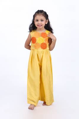 Yellow jumpsuit with embroidered floral organza jacket 1