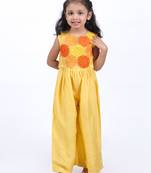 Yellow jumpsuit with embroidered floral organza jacket