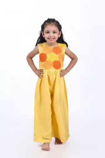 Yellow jumpsuit with embroidered floral organza jacket
