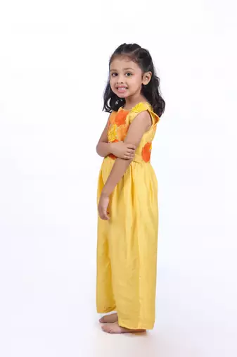 Yellow jumpsuit with embroidered floral organza jacket