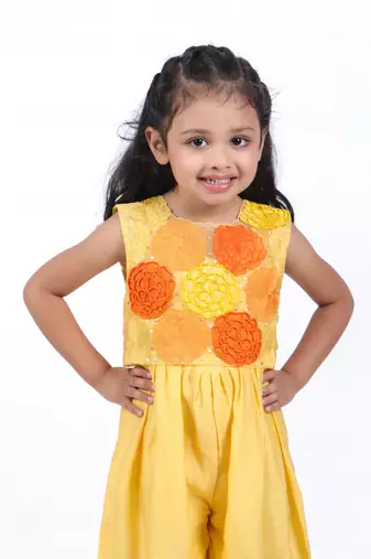 Yellow jumpsuit with embroidered floral organza jacket