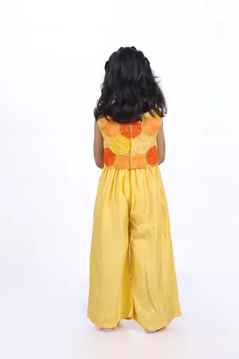 Yellow jumpsuit with embroidered floral organza jacket
