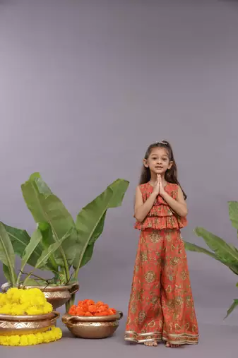 Banarasi jacquard printed layered top and garara in orange