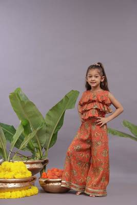 Banarasi jacquard printed layered top and garara in orange 3