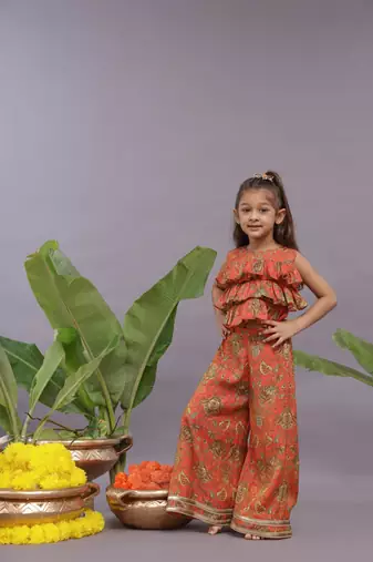 Banarasi jacquard printed layered top and garara in orange