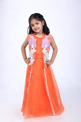 Orange lehenga and jacket style top in coral embroidery 1