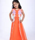 Orange lehenga and jacket style top in coral embroidery