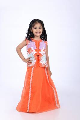 Orange lehenga and jacket style top in coral embroidery 2