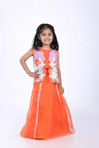Orange lehenga and jacket style top in coral embroidery