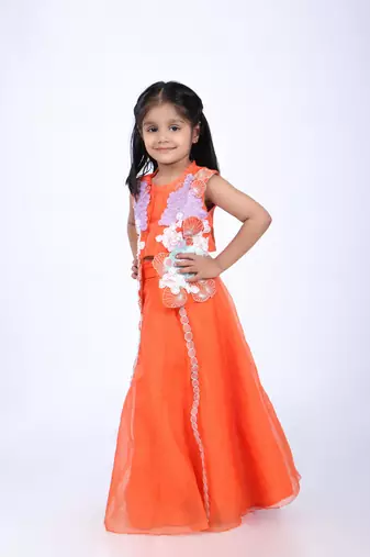 Orange lehenga and jacket style top in coral embroidery