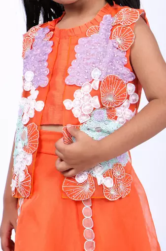 Orange lehenga and jacket style top in coral embroidery