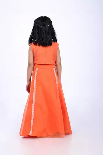 Orange lehenga and jacket style top in coral embroidery