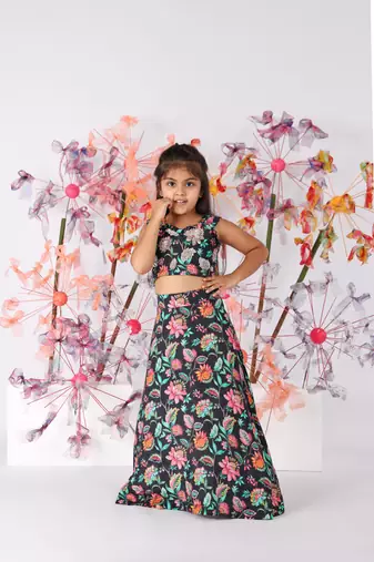 Black floral printed lehenga and sequence embroidered top