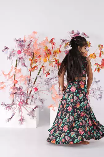 Black floral printed lehenga and sequence embroidered top
