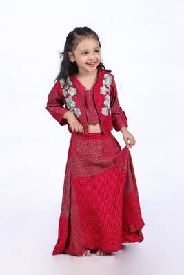 Red and green printed lehenga with jacket style top 1