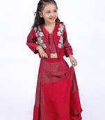 Red and green printed lehenga with jacket style top