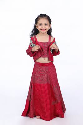 Red and green printed lehenga with jacket style top 2
