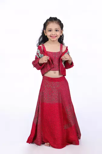 Red and green printed lehenga with jacket style top