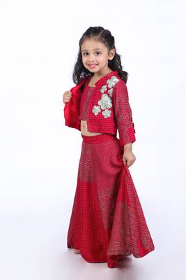 Red and green printed lehenga with jacket style top 3