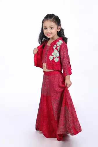 Red and green printed lehenga with jacket style top