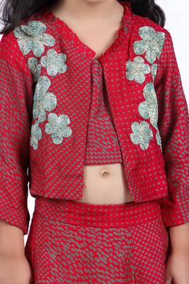 Red and green printed lehenga with jacket style top 4