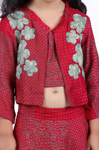 Red and green printed lehenga with jacket style top