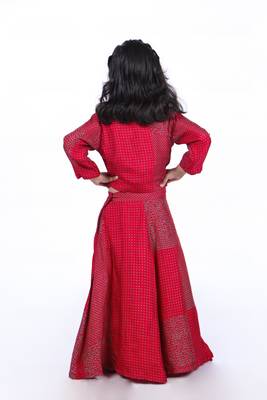 Red and green printed lehenga with jacket style top 5