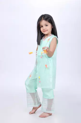 Aqua jacket and top with palazzo