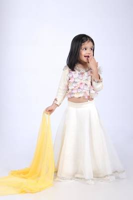 Off white top and organza lehenga with yellow dupatta 1