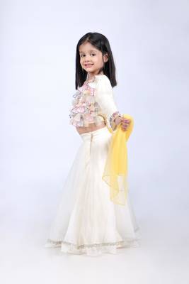 Off white top and organza lehenga with yellow dupatta 3