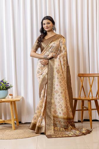 Beige and brown zari woven silk bnarasi saree with blouse