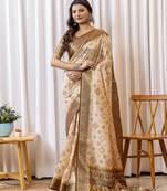 Beige and brown zari woven silk bnarasi saree with blouse
