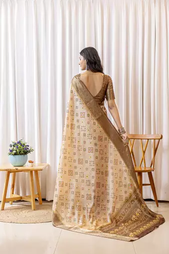 Beige and brown zari woven silk bnarasi saree with blouse