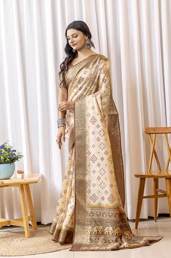 Beige and brown zari woven silk bnarasi saree with blouse