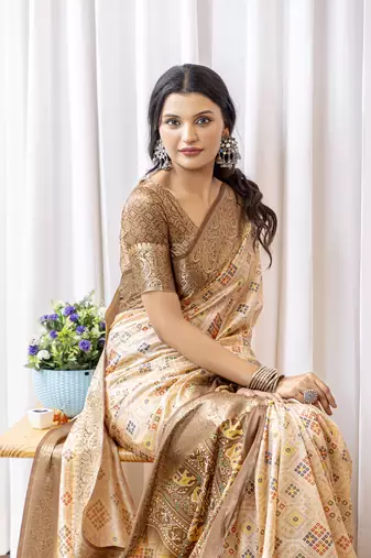 Beige and brown zari woven silk bnarasi saree with blouse