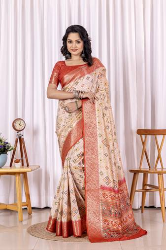 Red and beige zari woven silk bnarasi saree with blouse