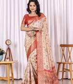 Red and beige zari woven silk bnarasi saree with blouse
