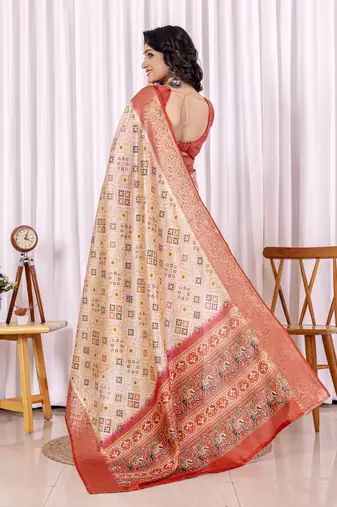 Red and beige zari woven silk bnarasi saree with blouse