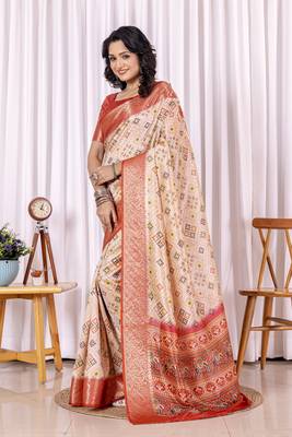 Red and beige zari woven silk bnarasi saree with blouse 3