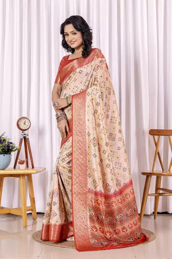 Red and beige zari woven silk bnarasi saree with blouse