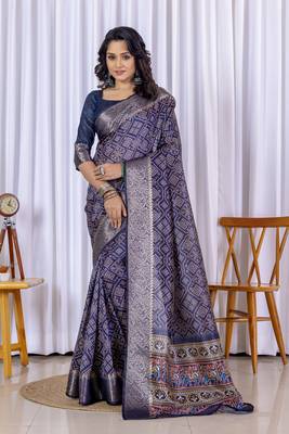 Blue bandhni design zari woven silk bnarasi saree with blouse 1