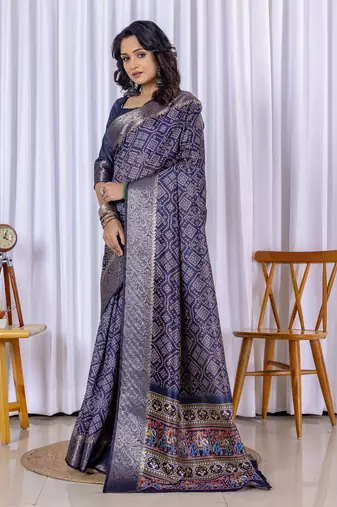 Blue bandhni design zari woven silk bnarasi saree with blouse