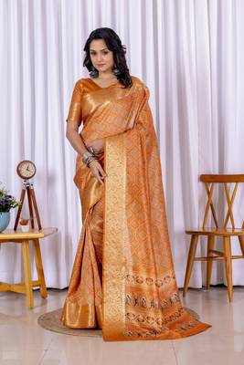 Orange bandhni design zari woven silk bnarasi saree with blouse 1
