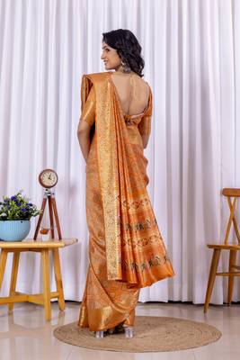 Orange bandhni design zari woven silk bnarasi saree with blouse 2