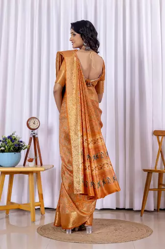 Orange bandhni design zari woven silk bnarasi saree with blouse