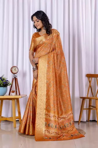 Orange bandhni design zari woven silk bnarasi saree with blouse