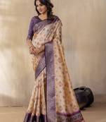 Beige and purple zari woven silk bnarasi saree with blouse