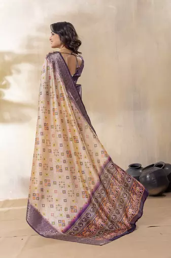 Beige and purple zari woven silk bnarasi saree with blouse