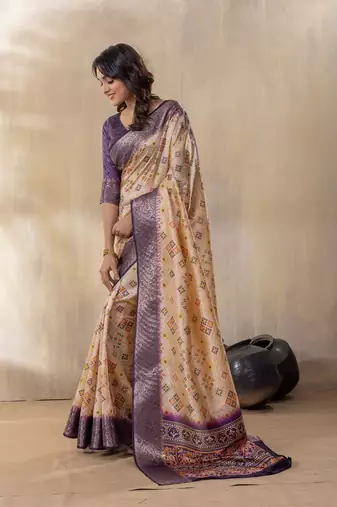Beige and purple zari woven silk bnarasi saree with blouse