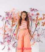 Hand embroidered dark peach tie-up top with flare organza pants